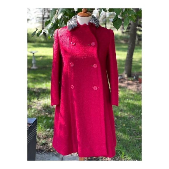 60s Best & Co Red Wool Pea Coat Dress Coat Persian Fur Collar Fall Jacket - Picture 4 of 16